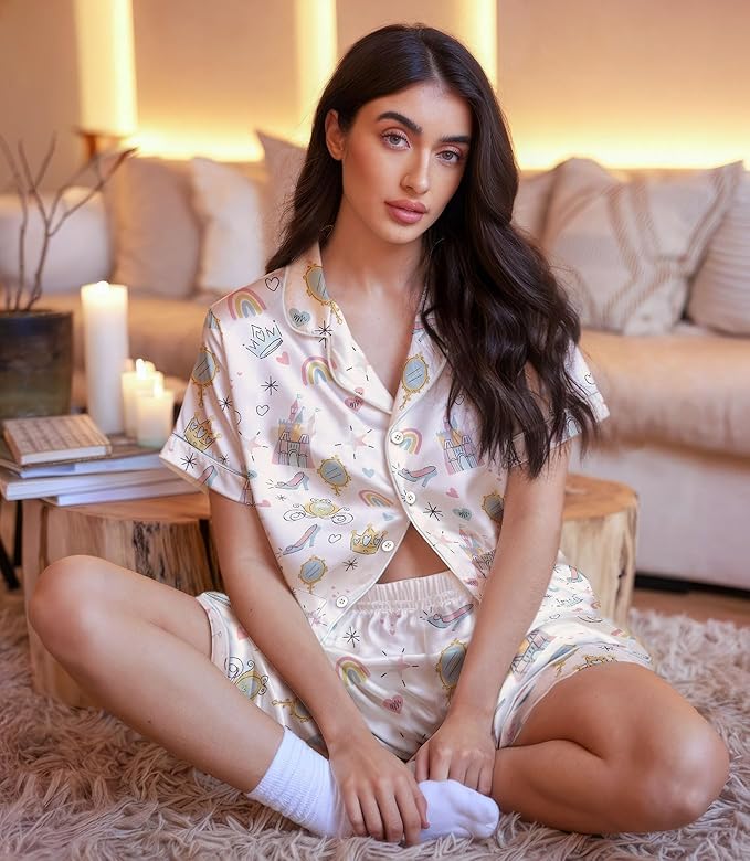 Women’s Silk Satin Pajama Set, Short Sleeve Button Down 2 Piece PJs with Shorts, Cozy Loungewear & Matching Holiday Pajamas