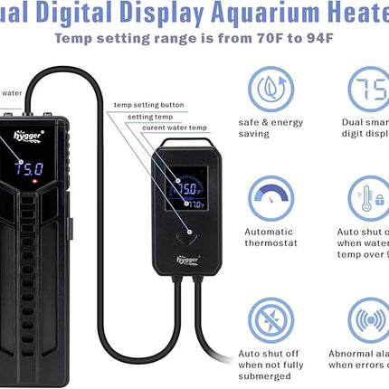 hygger 500W Metal Steel Aquarium Heater for Fresh Water, Digital Submersible Heater with Built-in Thermometer, External LCD Display Thermostat Controller, for Fish Tank 60-120 Gallon