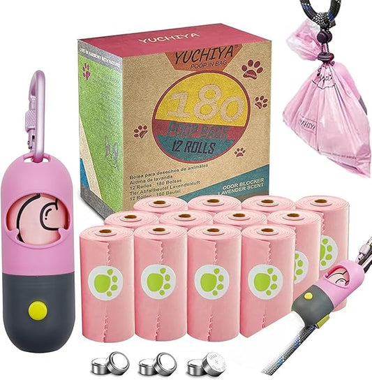 Dog Poop Bags Holder with LED Flashlight|Pet Waste Bags Dispenser for Leash|Doggie Potty Bags Container with Leak-proof Pet Trash Bags and Accessories (1 Holder 195 Bags, Pink)