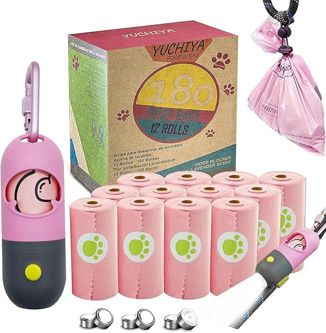 Dog Poop Bags Holder with LED Flashlight|Pet Waste Bags Dispenser for Leash|Doggie Potty Bags Container with Leak-proof Pet Trash Bags and Accessories (1 Holder 195 Bags, Pink)