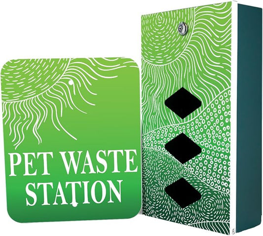 Dispense-Art™ Collection Rolling Hills - Green - Custom UV Printed Design on Rust-Proof Aluminum Starter Dog Waste Station/roll Bag System - Includes 400 Dog Waste Bags & 10x12 Sign