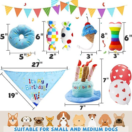 Dog Birthday Toy Set, 9Pcs Plush Pet Toy for Small Dogs, Includes Squeaky Cake Hat, Bandana, Dessert Themed Toys, Balloons, for Dog Birthday Party