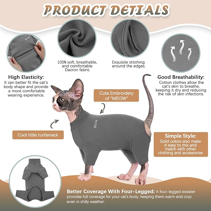 ROZKITCH Hairless Cat Sweater, Breathable Soft Jumpers for Sphynx Only, Coat with Four Legs, Warm Sweater T-Shirt Cat Pajamas Jumpsuit Vest Cornish Rex, Devon Rex, Peterbald Grey S