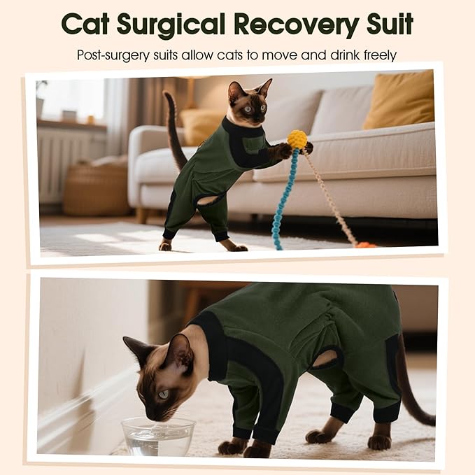DENTRUN Cat Clothes with Anti-Shedding Fabric - Soft Recovery Suit & Breathable Lint-Resistant Cat Sweater for Wound Care & Hair Control, Kitten Onesie Pajamas, L, Army Green