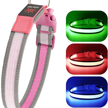Light up Dog Collars- USB Rechargeable LED Dog Collar, Full Illuminated and Adjustable Dog Collar Light, Three Colors and Three Sizes for Small, Medium, Large Dogs (Medium, Pink-2)
