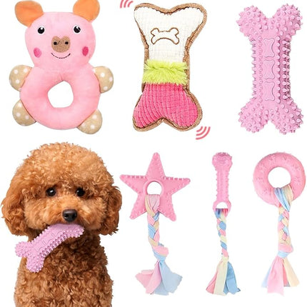 6 Pack Puppy Toys for Teething Small Dogs, Cute Pink Dog Chew Toys for Puppies, Soft Squeaky Dog Toys for Small Breed Cleaning Doggy Teeth, Outdoor Interactive Small Dog Chew Toys Set