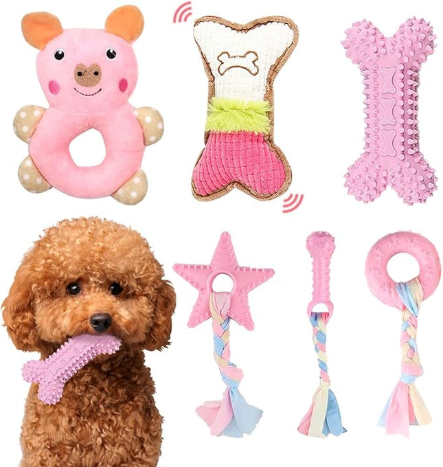 6 Pack Puppy Toys for Teething Small Dogs, Cute Pink Dog Chew Toys for Puppies, Soft Squeaky Dog Toys for Small Breed Cleaning Doggy Teeth, Outdoor Interactive Small Dog Chew Toys Set