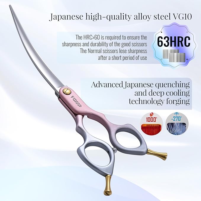 Professional Curved Dog Grooming Scissors with Sharper Self Grinding lightweight and finely trimmed split structure 6.5'' Japan VG10 63HRC for small dogs cat pet(Pink&Gray)