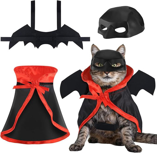 3 PCS Halloween Cat Costume Bat Mask Bat Wings Cloak Pet Costumes for Small Cats Kittens Cosplay Halloween Party Decoration Bat Cat Mask and Apparel Cats Dress Up Accessories