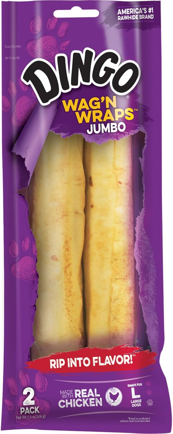 Dingo Wag’n Wraps Jumbo 2 Count, Made With Real Chicken, Rawhide Snack For Large Dogs