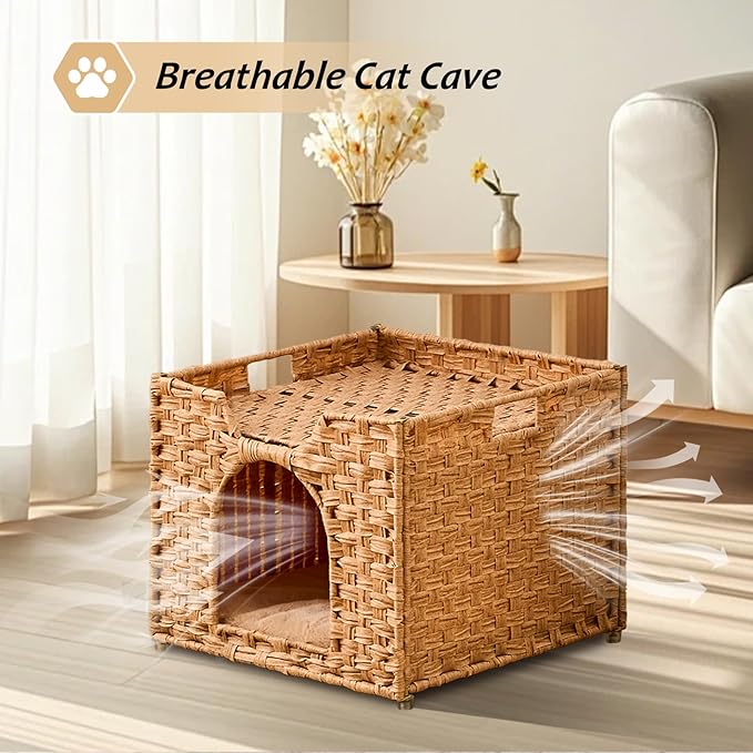 Cat Houses for Indoor Cats, Handwoven Rattan Cat Cave Pet Cube,Foldable Pet Cat House, Cat Beds with Double-Sided Mat, Hideaway, in Living Room Bedroom