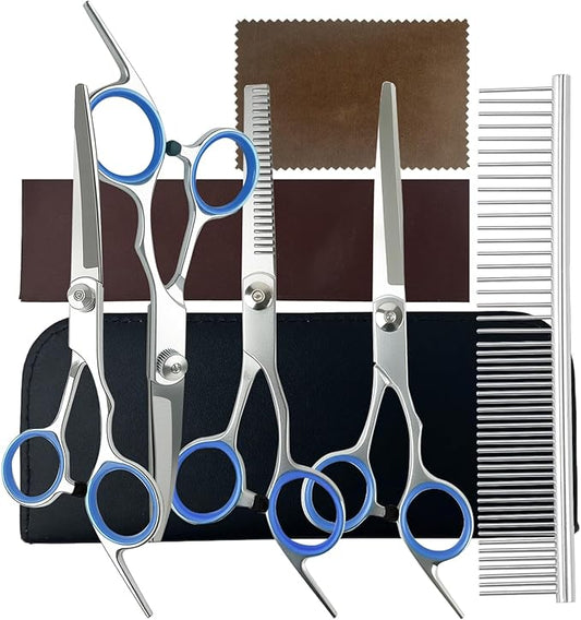 8-in-1 Dog Grooming Kit with Stainless Steel Scissors Professional Dog Trimmer for Grooming Ergonomic Curved Dog Grooming Scissors Perfect for Small and Large Dogs