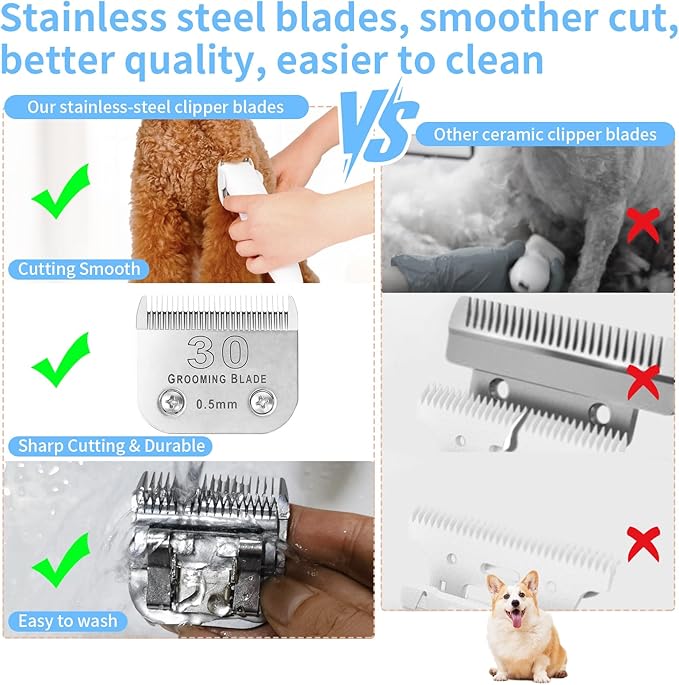 3 Pcs Size 30# Detachable Dog Grooming Blades, Compatible with Andis, Oster A5, Wahl KM10 Series Clippers, Cut Length 0.5mm, Silver (30# 0.5mm, 3 Packs)