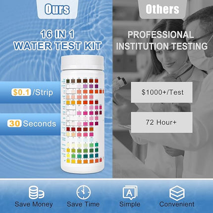 16 in 1 Premium Water Test Kit - 125 Home Water Quality Test Strips for Well and Tap Test Kit - Testing for pH, Hardness, Chlorine, Lead, Iron, Copper, Nitrate, Nitrite, etc