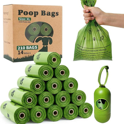 Dog Poop Bags XL Rolls: Leak-Proof Unscented Poop Bags with Dispenser for Doggy Dogs 14 Rolls (210 Count)- Green