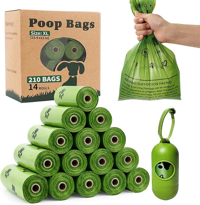 Dog Poop Bags XL Rolls: Leak-Proof Unscented Poop Bags with Dispenser for Doggy Dogs 14 Rolls (210 Count)- Green