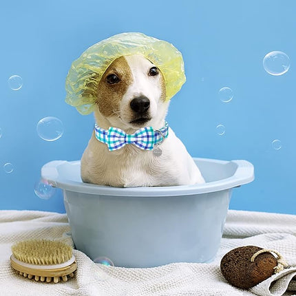 Dog Collar Bow Tie, Comfortable Durable Cotton Bowtie Collar for Girl Boy Dog or Cat, Adorable Puppy Collar with Metal Buckle, Blue Grid Gift Collar, XS