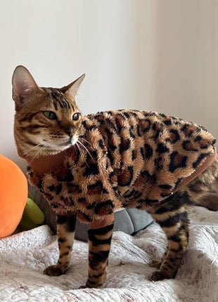 Cat Leopard Double-Sided Fleece Pullover, Soft Warm Clothes for Hairless Sphynx, Devon & All Indoor Kittens in Winter (Leopard,M)