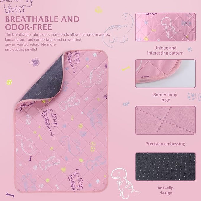 IEUUMLER Washable Pee Pads for Dogs, 2 Pack Non-Slip & Waterproof Whelping Pad, Reusable Puppy Potty Training With Fast Absorbent for Playpen EU007 (Pink Dinosaur, 24"X48"-2pcs)