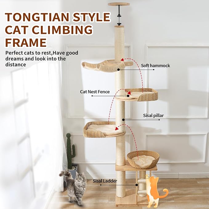 Floor to Ceiling Cat Tree with Scratching Posts, Adjustable Height(77-105 Inches), Corner Tall Cat Tower with Woven Condos & Ladder, Large Sturdy Cat Tower for Indoor Cats