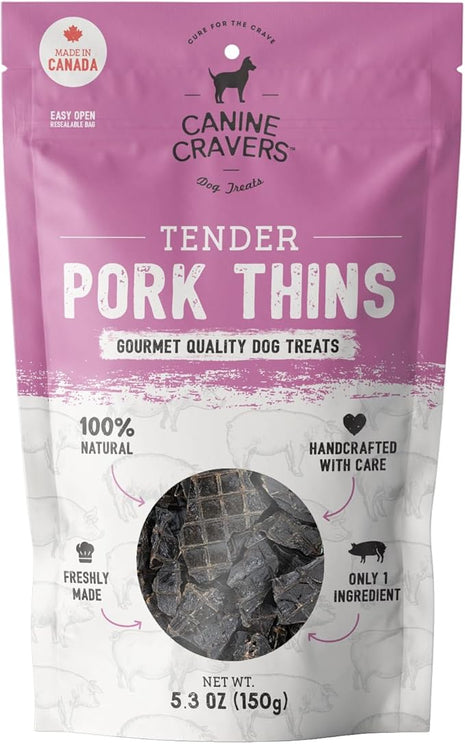 Canine Cravers Single Ingredient Dog Treats – Pork Thin Tenders - Human Grade Air Dried Hypoallergenic Pet Food – Grain, Gluten, and Soy Free – 100% All Natural - 5.3 oz