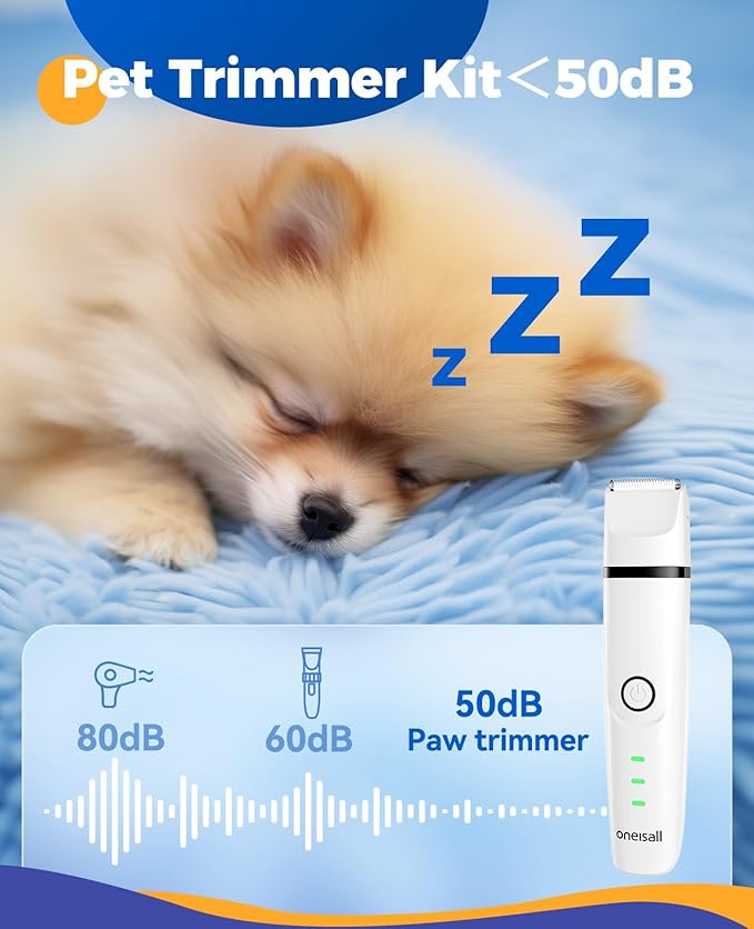 oneisall 4-in-1 Cordless Dog Grooming Kit with 2-Speed Clippers, Low Noise Paw Trimmer & Rechargeable Quiet Nail Grinder for Dogs and Cats (White)