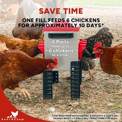 RentACoop Flock Feeder 15 Metal Chick2Chicken Feeder – Space-Saving Weatherproof Poultry Feeder with 6 Ports, Adjustable Legs, Rain Covers for Chicks, Chickens, Quail, Bantams, and Other Small Birds