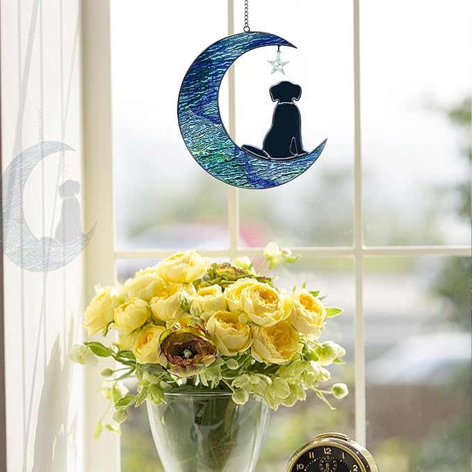 Stained Glass Dog Decor Moon Window Hanging Suncatcher Pet Memorial Present Sympathy Gift for Dog Lovers