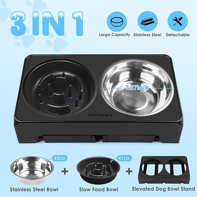 URPOWER Raised Slow Feeder Dog Bowls 4 Height Adjustable Elevated Bowl Stand with Stainless Steel Water Bowl and Slow Feeder Non-Slip Dog Food Bowls Stand for Small Medium Large Dogs and Pets