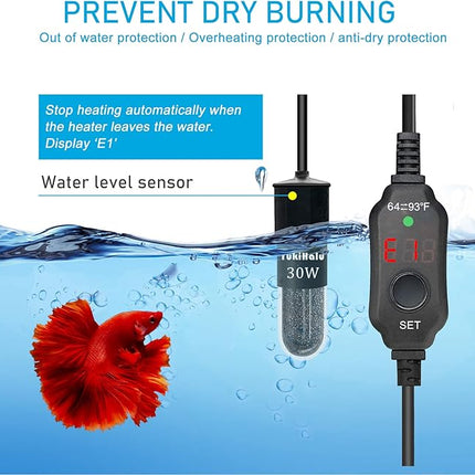 YukiHalu Super Mini Aquarium Heater, 10W 20W 30W Adjustable Fish Tank Heater with External Controller, Overheating Protection, LED Display, Used for 0.5-5 Gallons(10 watts)