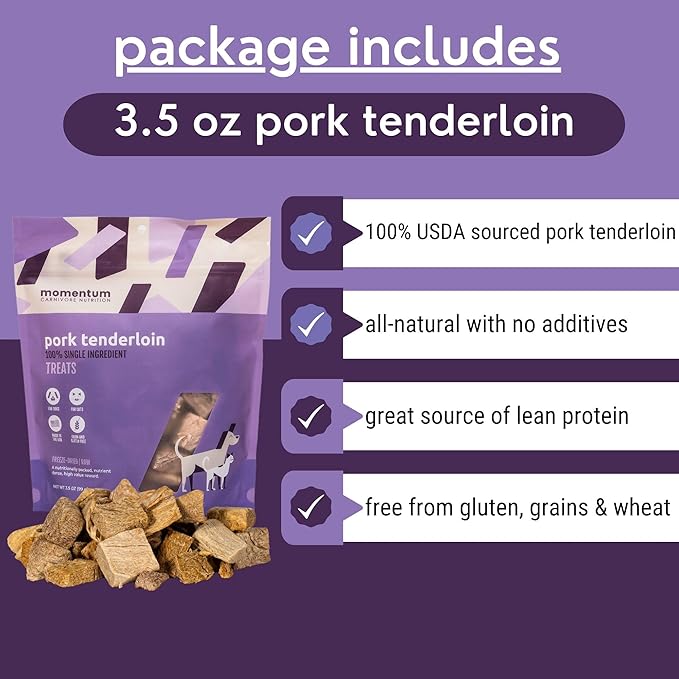 Momentum Carnivore Nutrition Freeze-Dried Pork Tenderloin Dog Treats – Single-Ingredient, Dog & Cat Treats – High-Protein, Grain-Free– 3.5 oz Bag