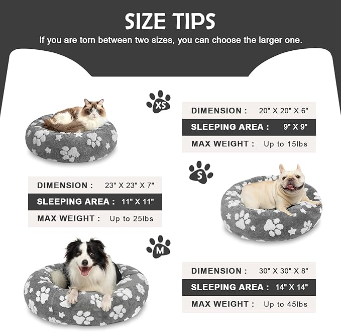 Donut Dog Beds for Medium Dogs, Calming Round Cat Beds for Indoor Cats, Cute 3D Textured Paw Pet Bed with Removable Washable Cover and Anti-Slip Bottom（Grey，30"）