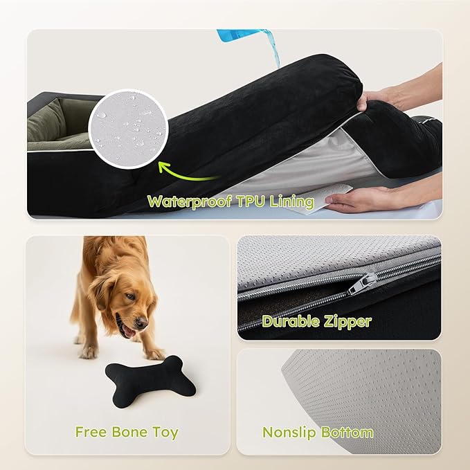 XXL Dog Bed for Extra Large Dogs, Giant Orthopedic Dog Bed with Cooling Gel Memory Foam, Waterproof Pet Bed with Removable Washable Cover, 53" Pet Sofa Bed Dutch Velvet with Bone Toy, Black