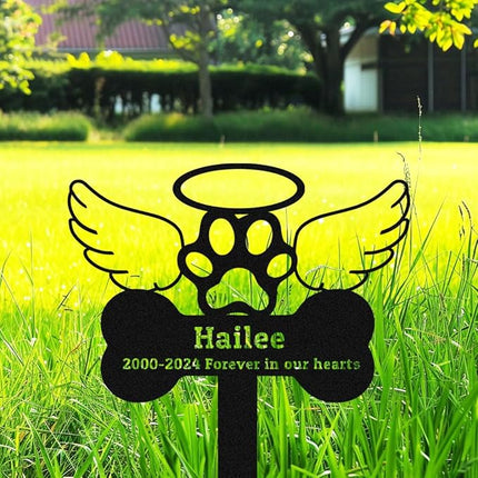 Custom Dog Memorial Grave Marker Garden Stake, Personalized Dog Memorial Stake with Bone Paw Wings Metal Grave Marker Engraved Sign, Customized Pet Dog Memoria Plaque Burial Stake