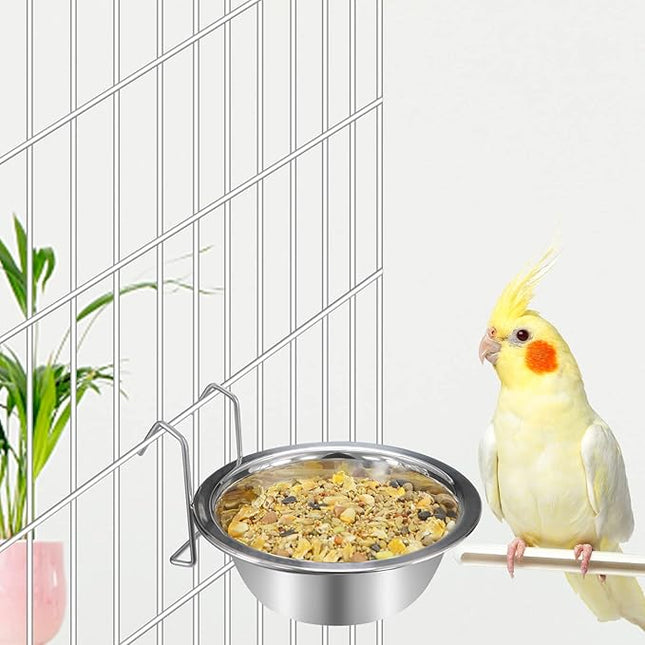 Wontee Pet Bowl Stainless Steel Hanging Food Water Bowls Bird Cage Feeder for Birds, Parrots, Small Sized Dogs and Cats (L)
