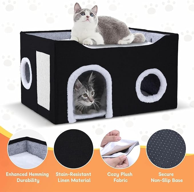 Cat House for Indoor Cats – Foldable Cat Cave & Covered Cat Bed, Cozy Hideaway for Small Pets and Large Cats (23.6"x16"x12.8"),Black