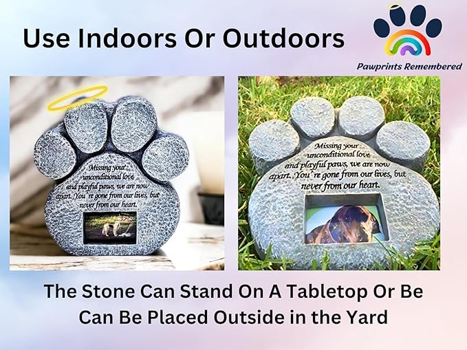 Pet Memorial Stone - Features a Paw Print Photo Frame and Sympathy Poem - Indoor Outdoor for Garden Backyard Marker Grave Tombstone - Loss of Pet Gift - Loss of Dog Gift