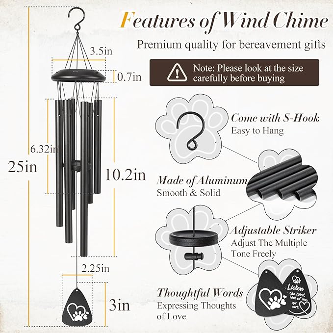 Dog Memorial Gifts for Loss of Dogs Sympathy Gift,25" Sympathy Wind Chimes Pet Sympathy Gift in Memory of Dog Remembrance/Bereavement Gifts,Memorial Wind Chime for Garden Condolences(Black)