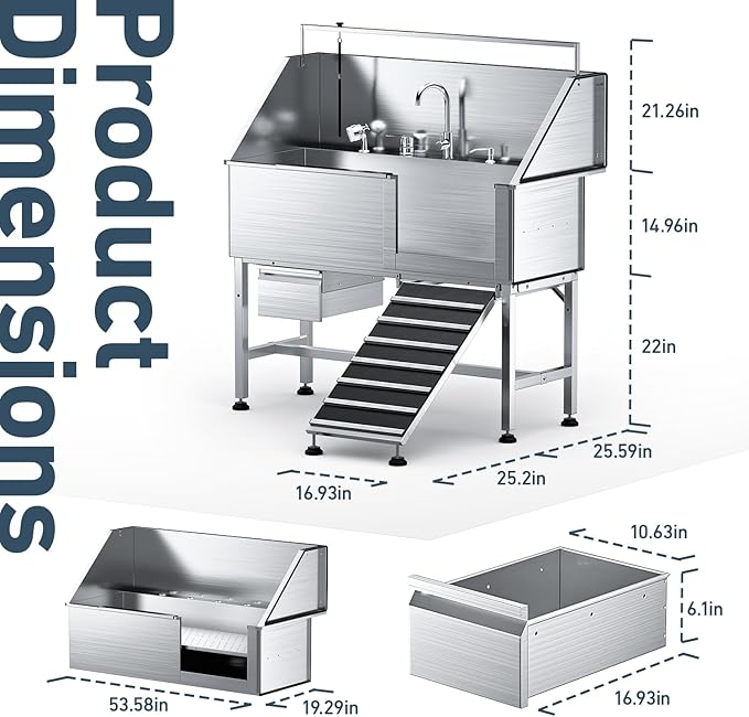 Dog Washing Station,Professional 56" Stainless Steel Dog Bathing Station for Large Dog Height Adjustable Dog Wash Station for Home Dog Grooming Tub With Drawer, Floor Grate & Fauct (Right Ramp)