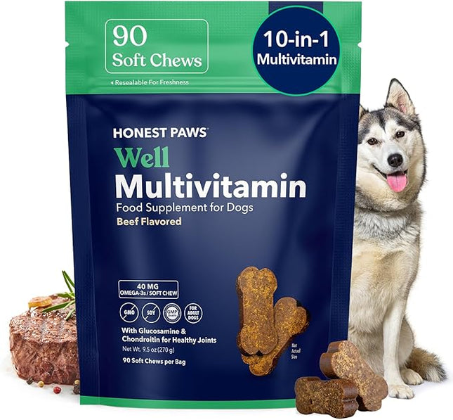 Honest Paws (90 Count) Dog Multivitamin Soft Chews with 10 Essential Vitamins - Joint, Coat, Immune, Eye & Heart Support - with Glucosamine, Chondroitin & Omega-3 - Beef Flavor