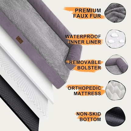Large Dog Bed Orthopedic Washable, Orthopedic Dog Beds for Large Dogs with Washable Cover, Removable Bolster and Non-Slip Bottom Purple Pet Beds for XXXLarge Extra Large Dogs