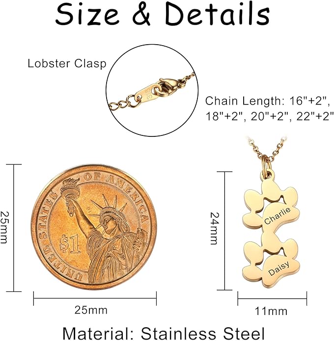 MeMeDIY Personalized Paw Print Necklace for Women Engraved Name Dog Paw Necklace Stainless Steel/925 Sterling Silver Paw Necklace Pet Memorial Necklace 1-4 Cat Paw Print Necklace