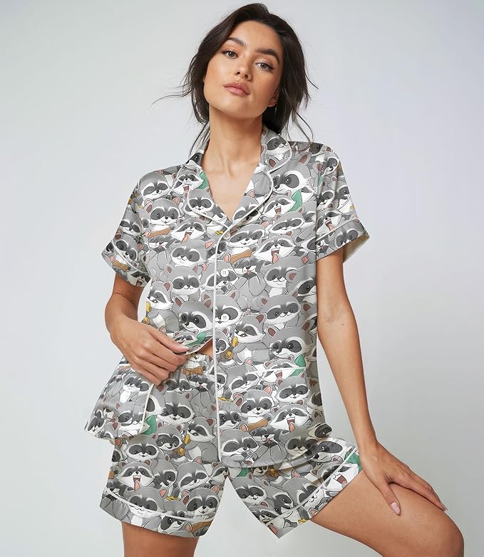 Women’s Silk Satin Pajama Set, Short Sleeve Button Down 2 Piece PJs with Shorts, Cozy Loungewear & Matching Holiday Pajamas