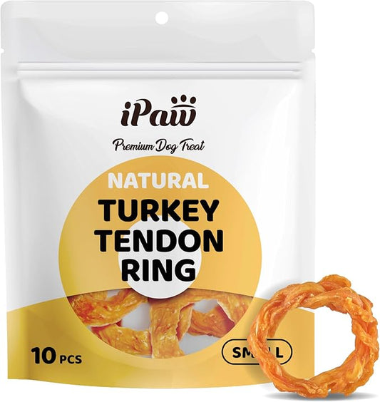 iPaw Turkey Tendons for Dogs 10 Pcs Value Pack, 100% Turkey and US Sourced Raw Material, Hypoallergenic, All Natural Human Grade Puppy Chew, Rawhide Alternative Dog Treats, Ring (Small)