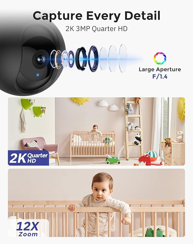 Hugolog 2K 3MP Indoor Pan/Tilt Security Camera with Auto-Focus,Ideal for Baby Monitor/Pet Camera/Home Security,Starlight Color Night Vision,Human/Pet AI,US Cloud,Compatible with Alexa