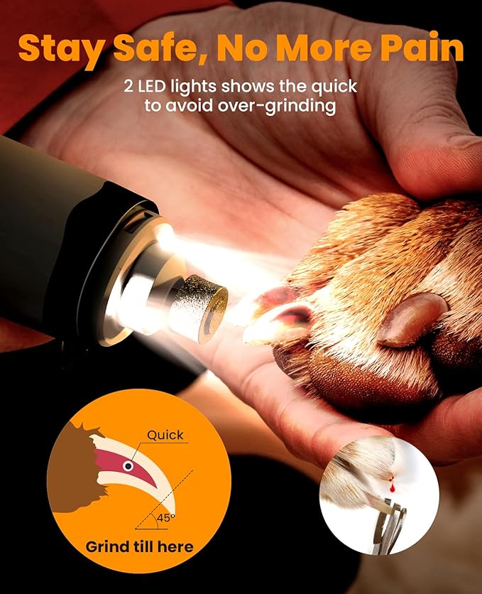oneisall Dog Nail Grinder and Paw Trimmer Kit 3 in 1 Quiet Rechargeable Electric Pet Nail Grinder with 2 LED Lights and Cordless Dog Grooming Safe Clippers