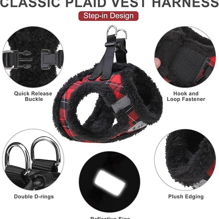 EXPAWLORER Fleece Lined Step-in Dog Harness - Soft Plush Padded Puppy Harness and Leash Set with Adjustable Dog Collar, No Pull Escape Proof Suede Dog Vest Harness for Small Dogs, Red & Black S