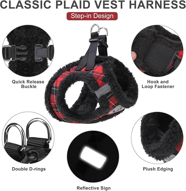 EXPAWLORER Fleece Lined Step-in Dog Harness - Soft Plush Padded Puppy Harness and Leash Set with Adjustable Dog Collar, No Pull Escape Proof Suede Dog Vest Harness for Small Dogs, Red & Black S