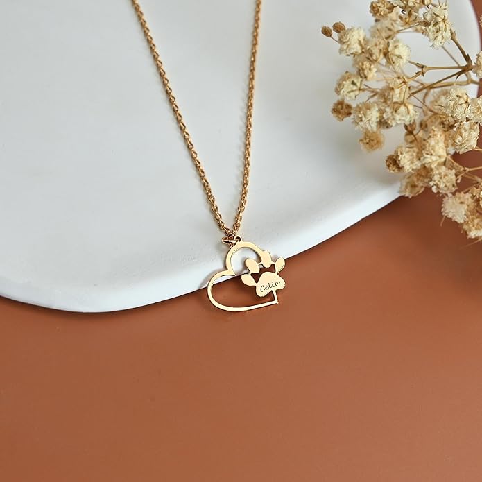 Customized Paw Print Necklace Personalized Pet Name Necklace Custom Engraved Dog Cat Paw Pendant Necklace Pet Memorial Gift for Pet Lovers
