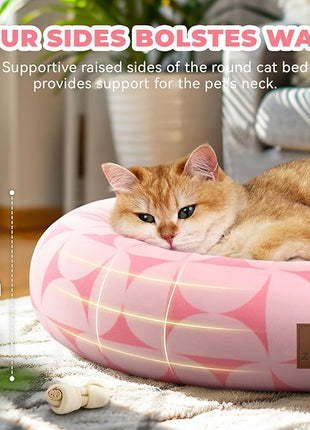 Cat Bed, 20In Dog Beds for Small Dogs, Calming Cat & Dog Beds for Indoor Pets, Pet Beds Comfortable Donut Round Ultra Soft (Pink Pattern, 20.0" L x 20.0" W x 6.5" Th)